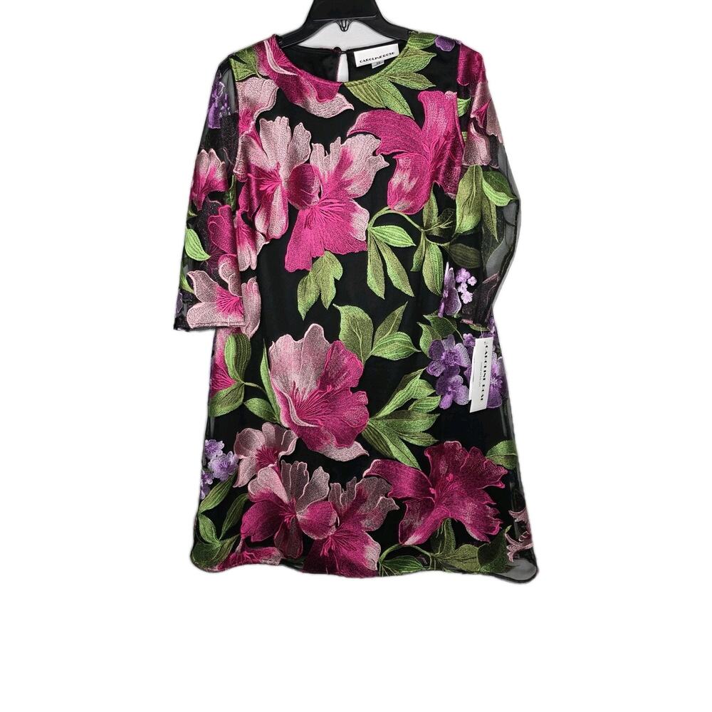 Caroline Rose Womens Size XS Multicolor Black Abstract Floral Shift Dress Pink